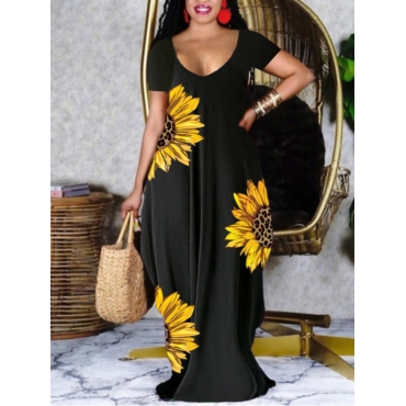 

LW Sunflower Casual U Neck Floral Print Black Floor Length Dress