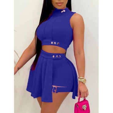 

Lovely Street Buckle Flounce Design Blue Two Piece Shorts Set