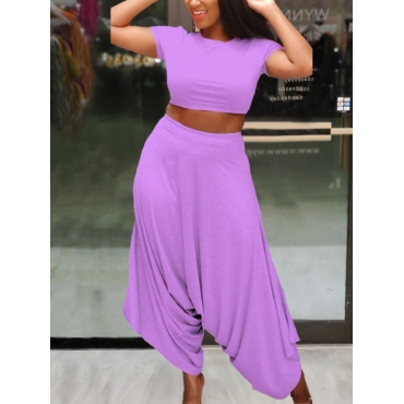 

Lovely Street Round Neck Fold Design Harem Purple Two Piece Pants Set