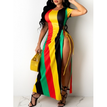 

LW SXY Plus Size Striped Split Multicolor Ankle Length Dress, Multicolor stripe