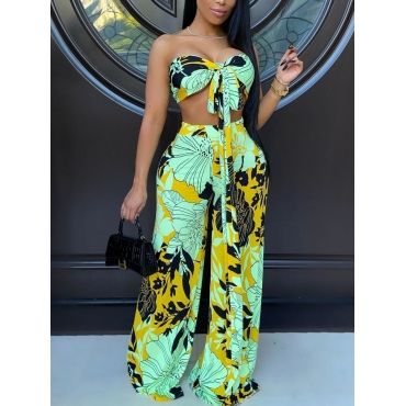

LW Boho Floral Print Bandage Design Green Two Piece Pants Set