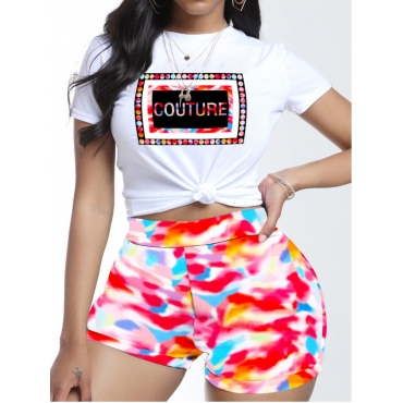 

Lovely Casual Letter Print Tie-dye Multicolor Two Piece Shorts Set, Red