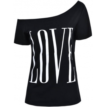 

LW Asymmetrical Neck Letter T-shirt, Black