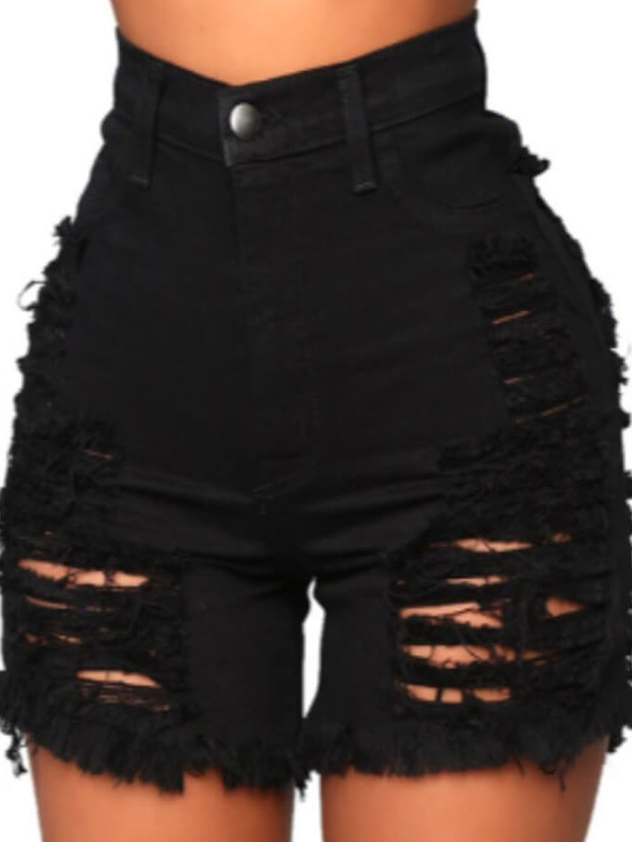 

LW High Stretchy High-waisted Ripped Raw Edge Denim Shorts, Black