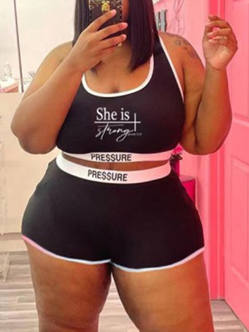 

Lovely Plus Size Sporty U Neck Letter Print Black Two-piece Shorts Set