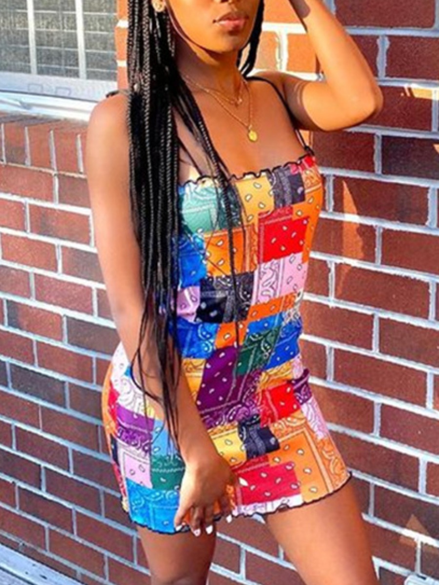 

Lovely Street Print Patchwork Lettuce Trim Multicolor Mini Dress, Multi