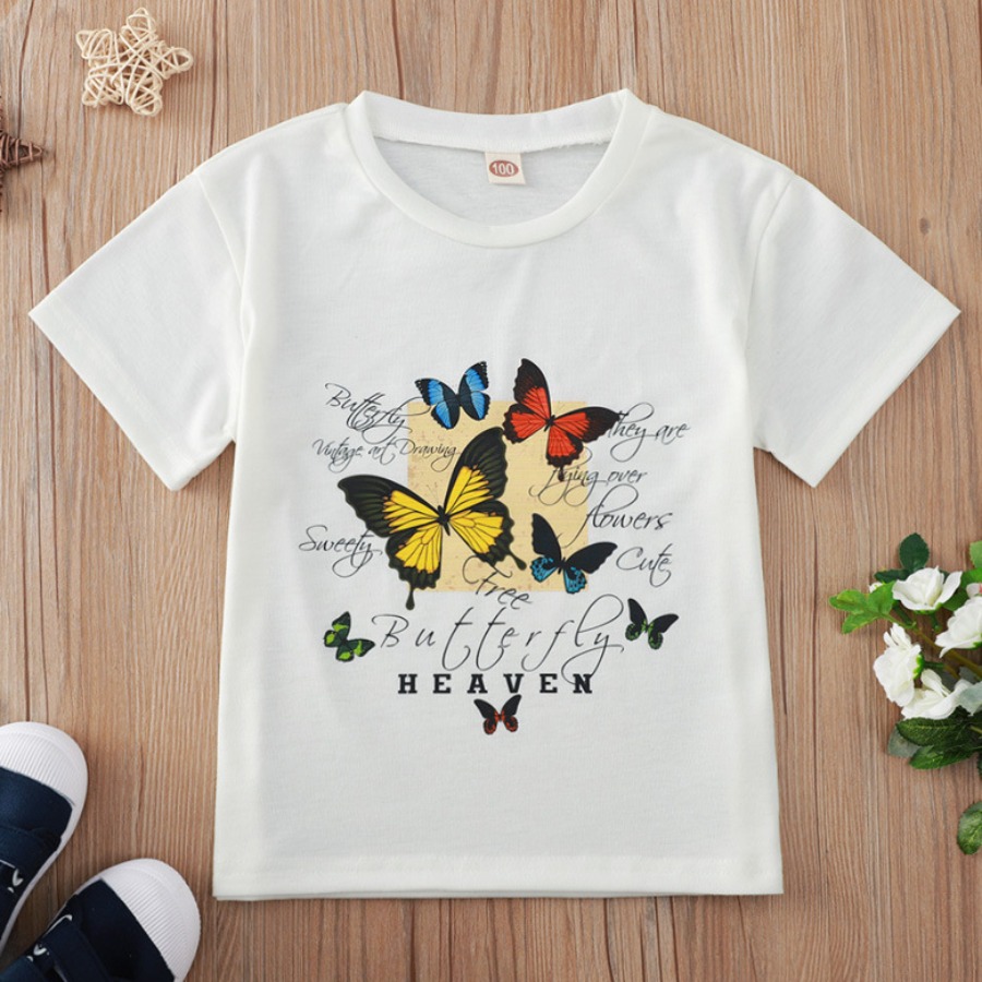 

Lovely Girl Casual Buterfly Letter Print White T-shirt