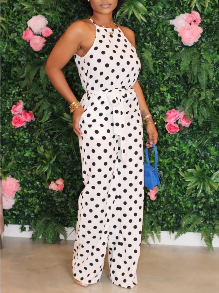 

Lovely Casual Dot Print Bandage Design White One-piece Jumpsuit