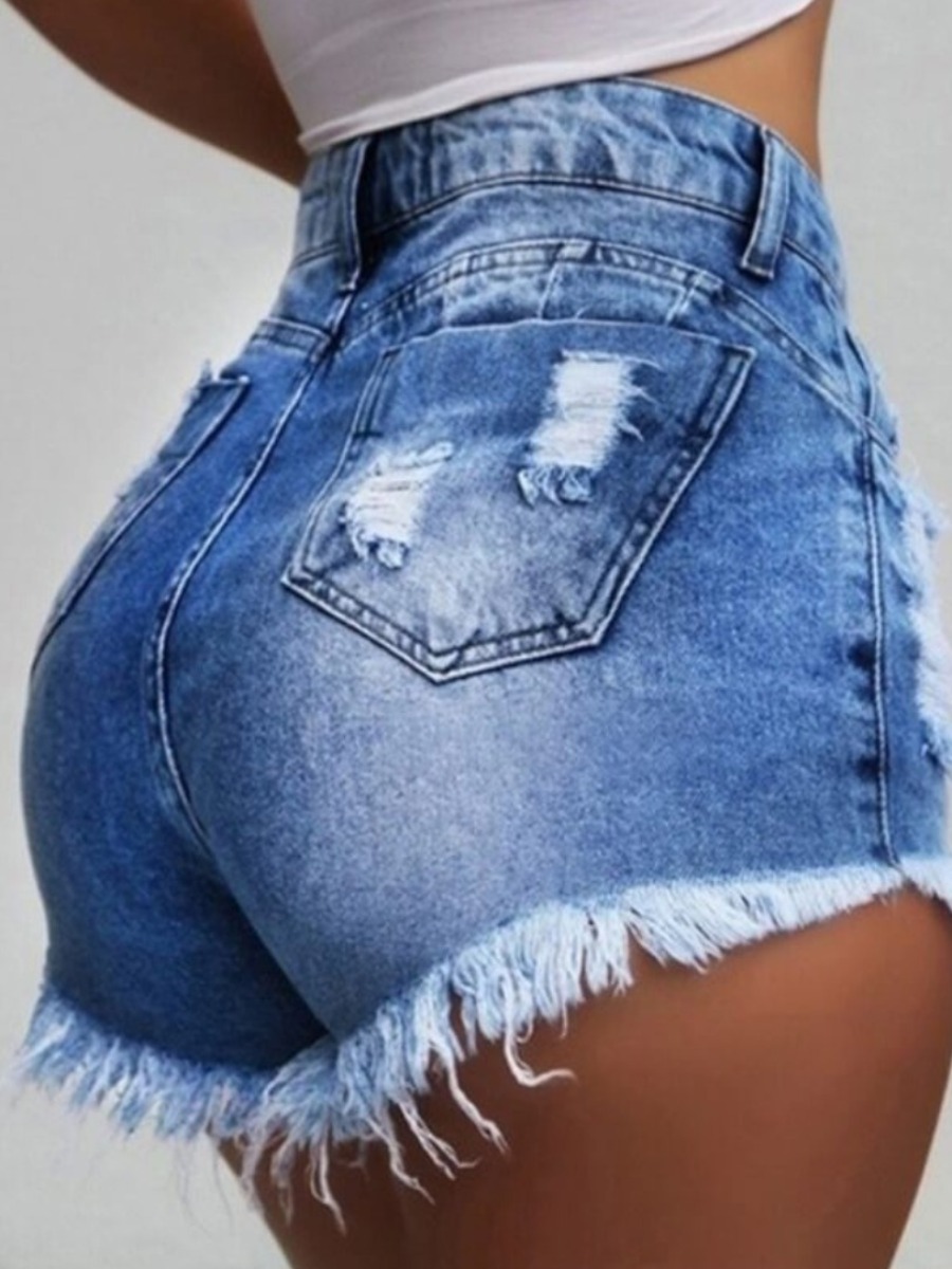 

Lovely Trendy Torn Edges Deep Blue Denim Shorts