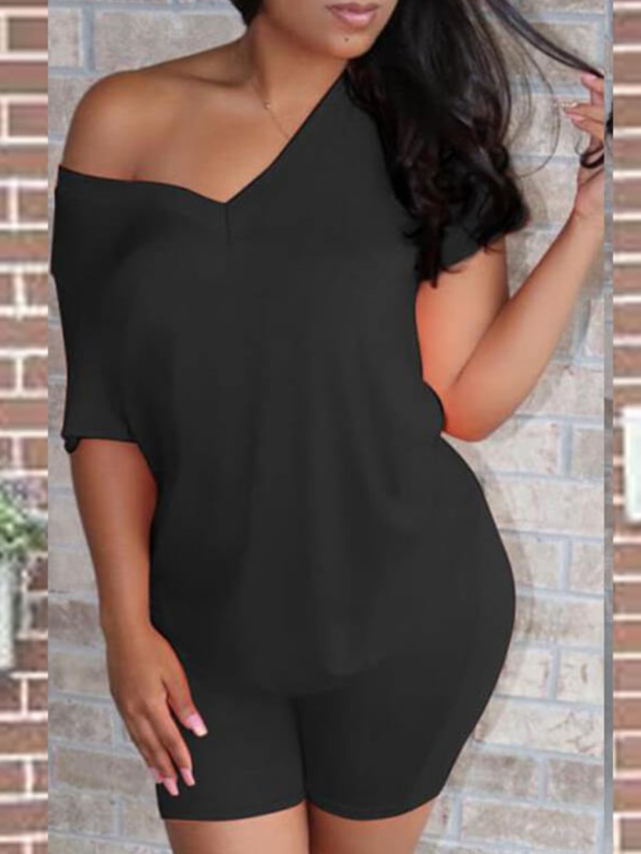

LW Casual V Neck Basic Black Two-piece Shorts Set