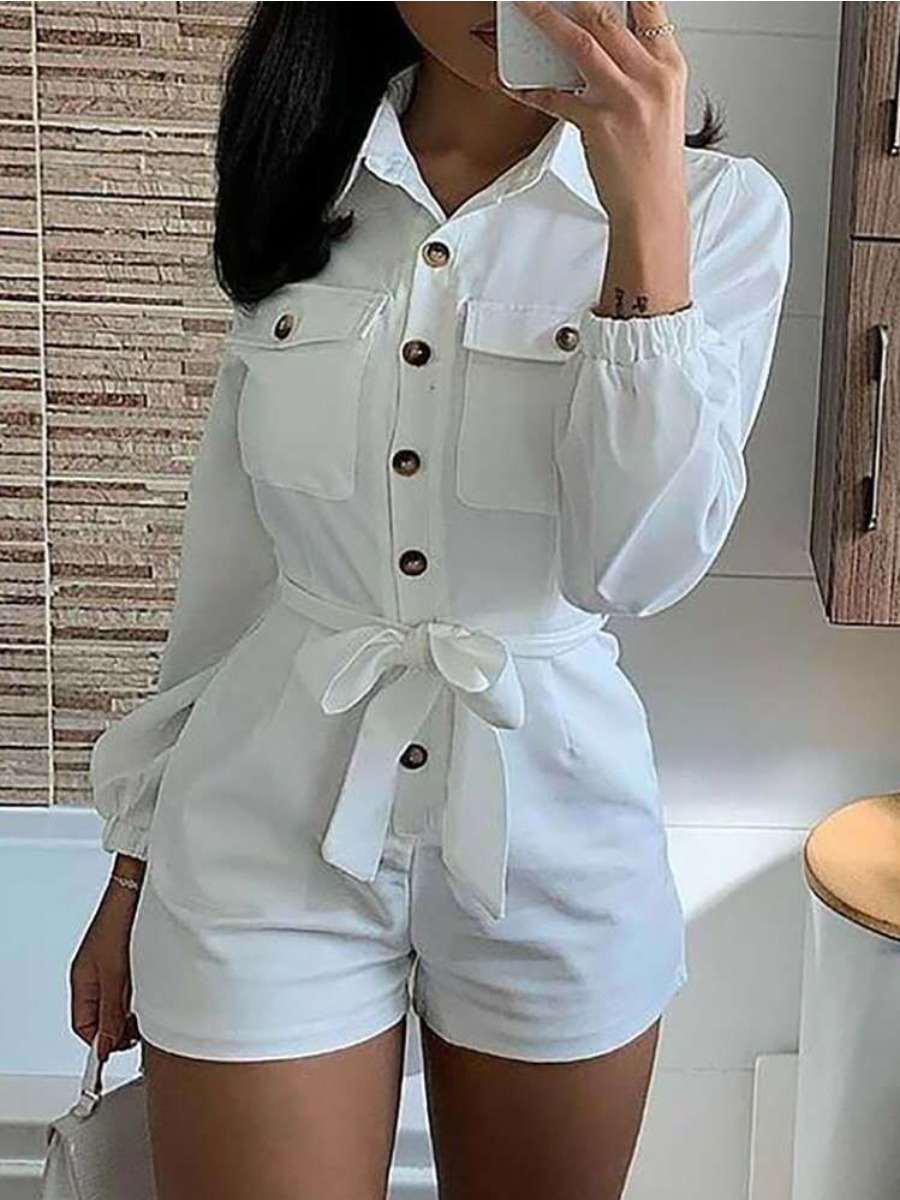 

LW Street Button Bandage Design White One-piece Romper