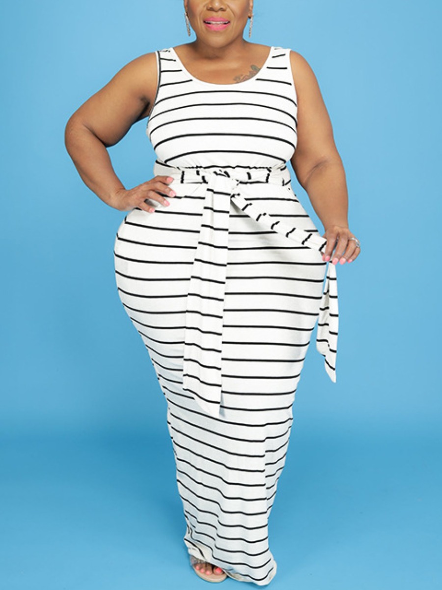 

Lovely Plus Size Casual Striped Bandage Design White Floor Length Dress
