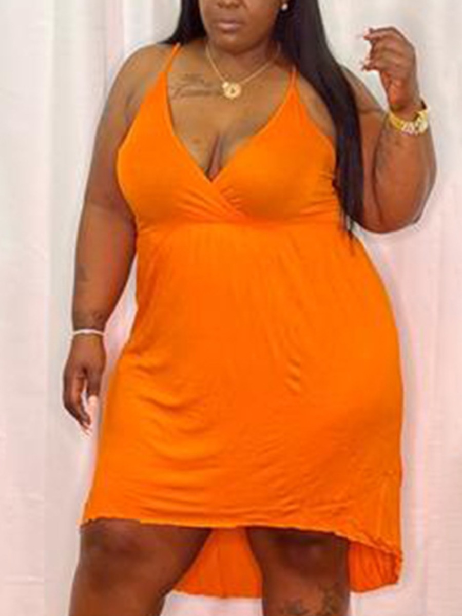 

Lovely Plus Size Casual Spaghetti Strap Basic Regular Orange Knee Length Dress