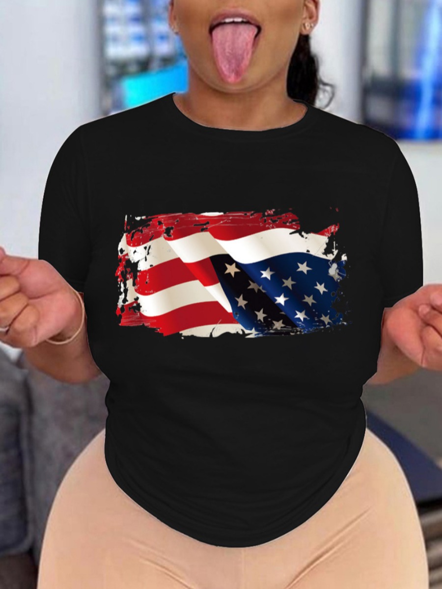 

LW Plus Size Street Round Neck American Flag Print Black T-shirt