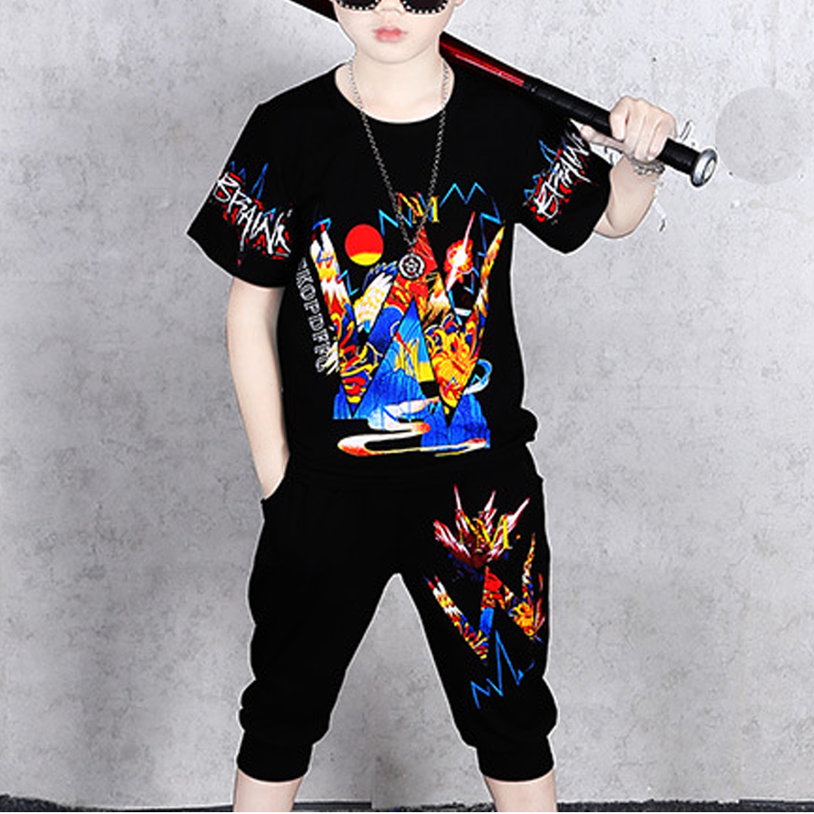 

Lovely Boy Street Graffiti Print Patchwork Black Two Piece Shorts Set