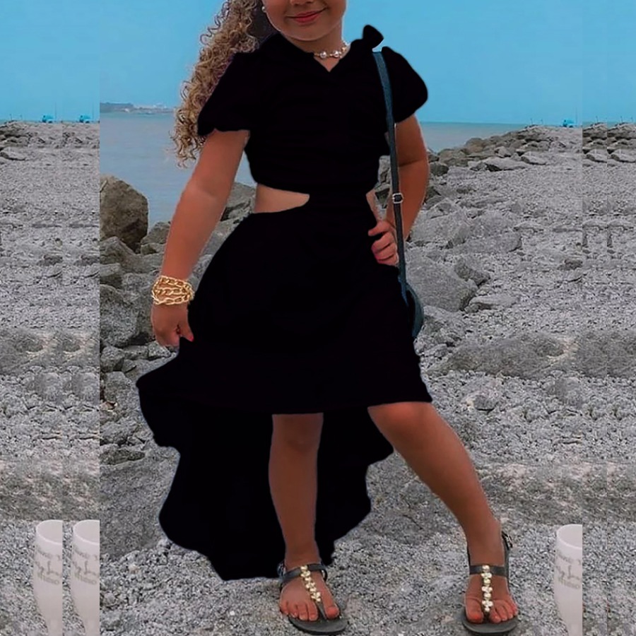 

LW COTTON Girl Elegant Hollow-out Flounce Design Black Ankle Length Asymmetrical Dress