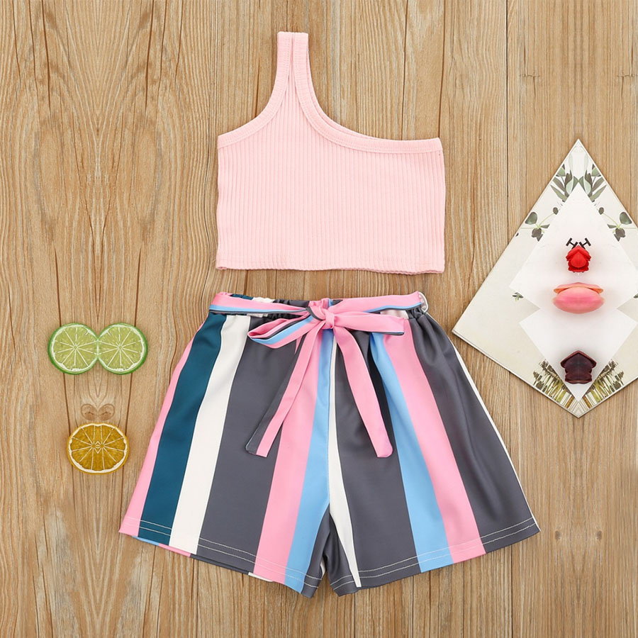 

LW COTTON Girl Street One Shoulder Striped Bow-tie Decoration Pink Two Piece Shorts Set