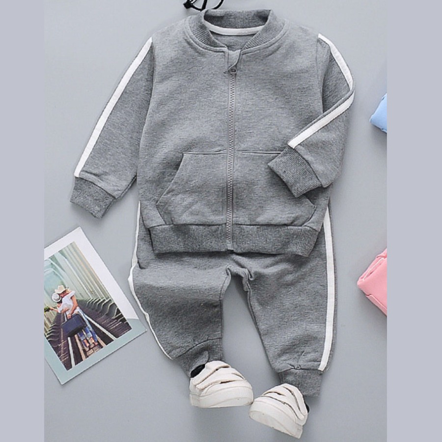 

Lovely Sporty Boy Striped Kangaroo Pocket Grey Two Piece Pants Set