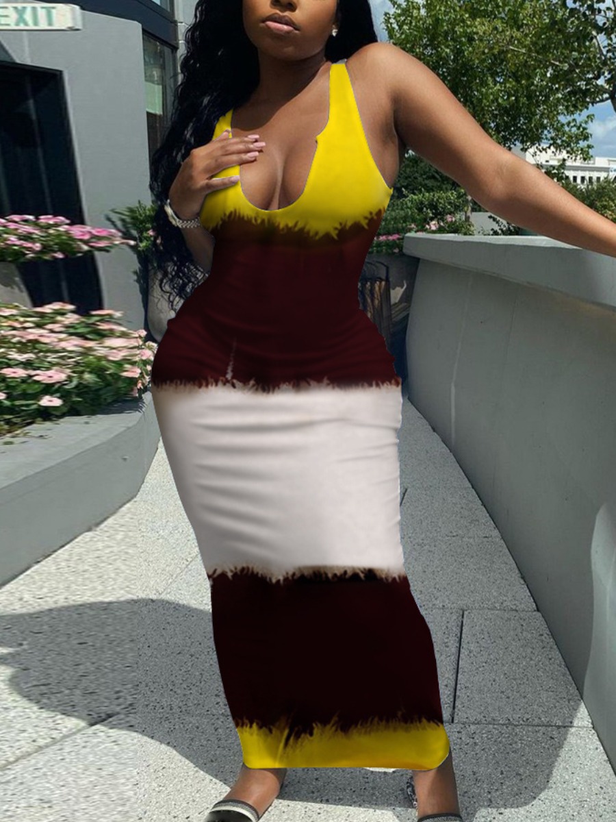 

Lovely Street U Neck Tie-dye Yellow Ankle Length Dress