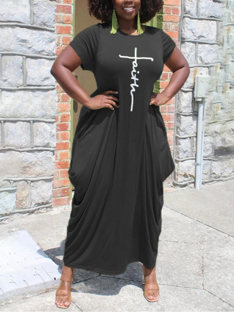 

Lovely Casual Letter Print Fold Design Black Ankle Length Dress