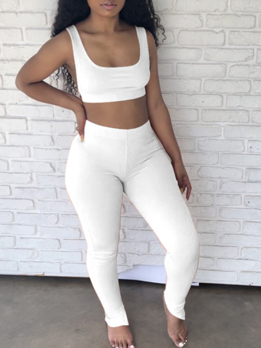 

LW BASICS Sporty U Neck Skinny White Two Piece Pants Set