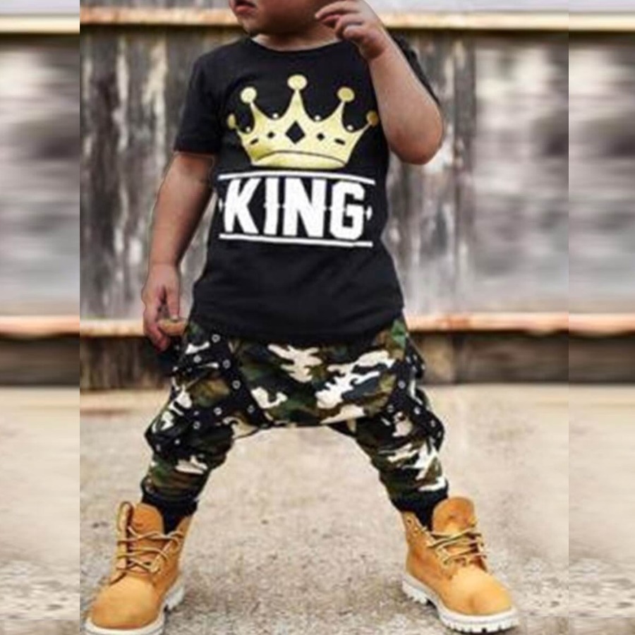 

LW Boy Casual O Neck Print Black Two-piece Pants Set