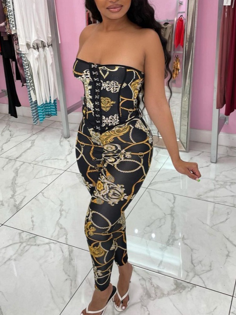 

LW Street Off The Shoulder Floral Rope Print Black Two Piece Pants Set