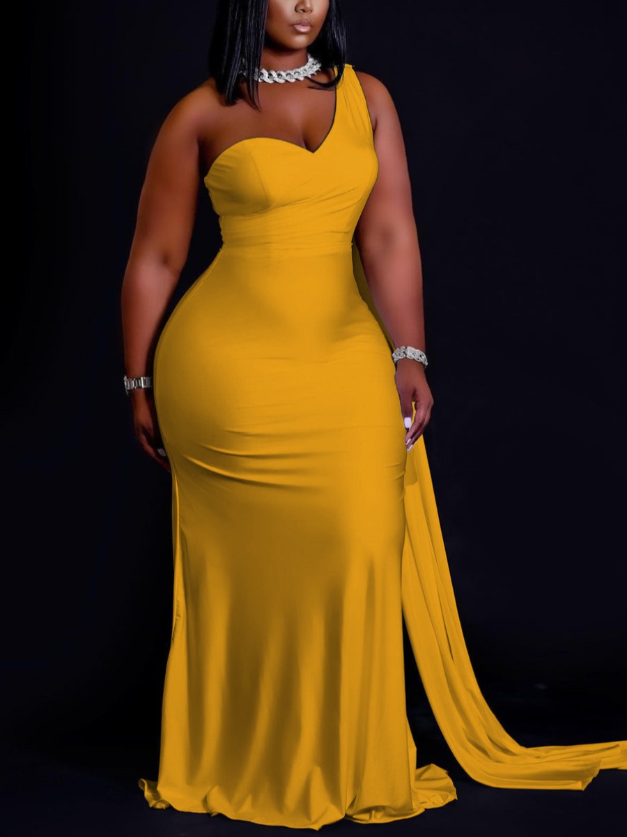 

LW One Shoulder Elastic Prom Dress, Yellow
