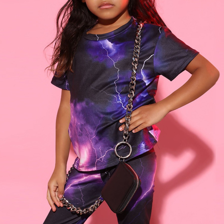 

Lovely Girl Street Round Neck Tie-dye Purple Two Piece Pants Set