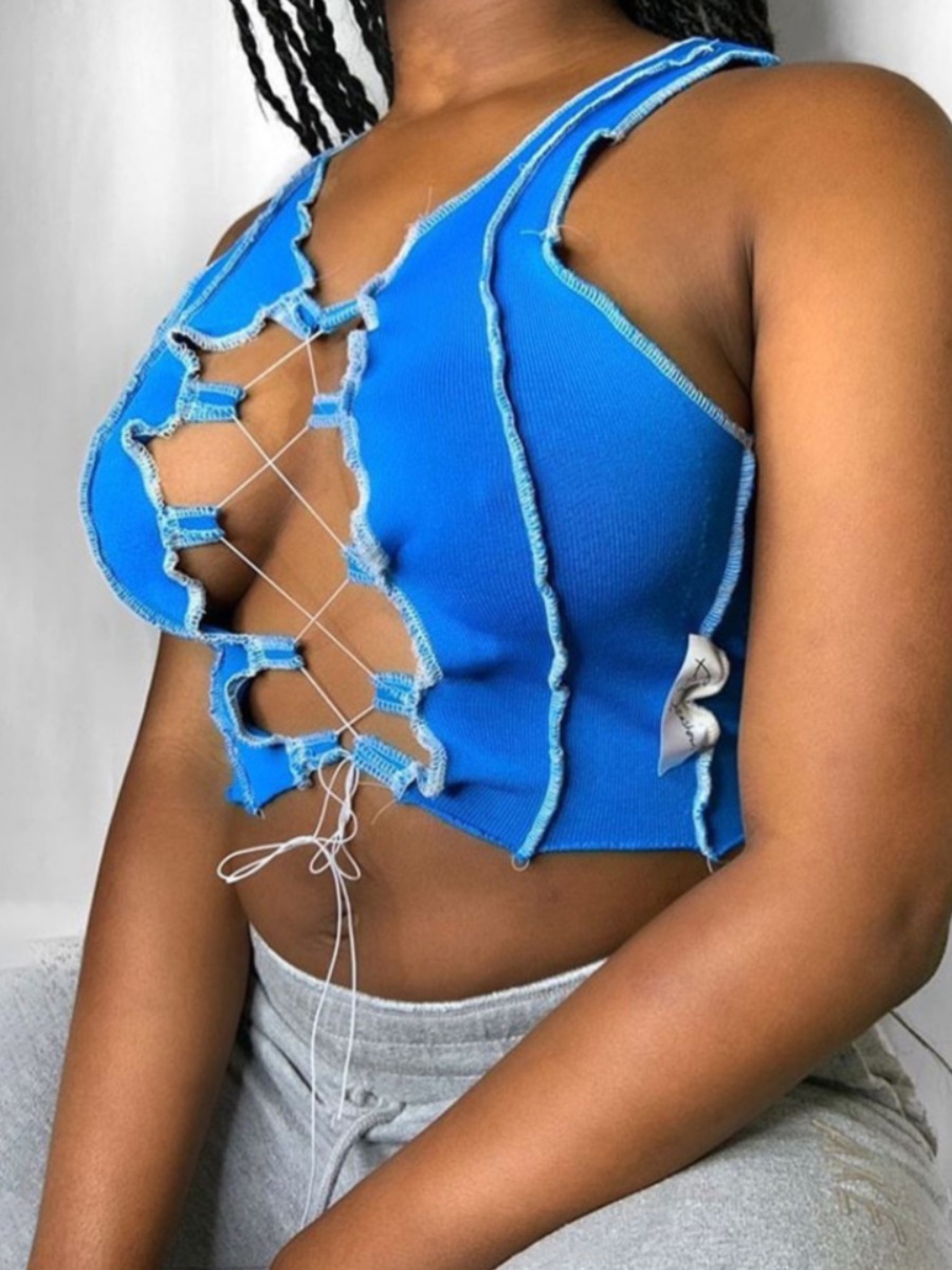

Lovely Sexy Bandage Hollow-out Design Blue Camisole