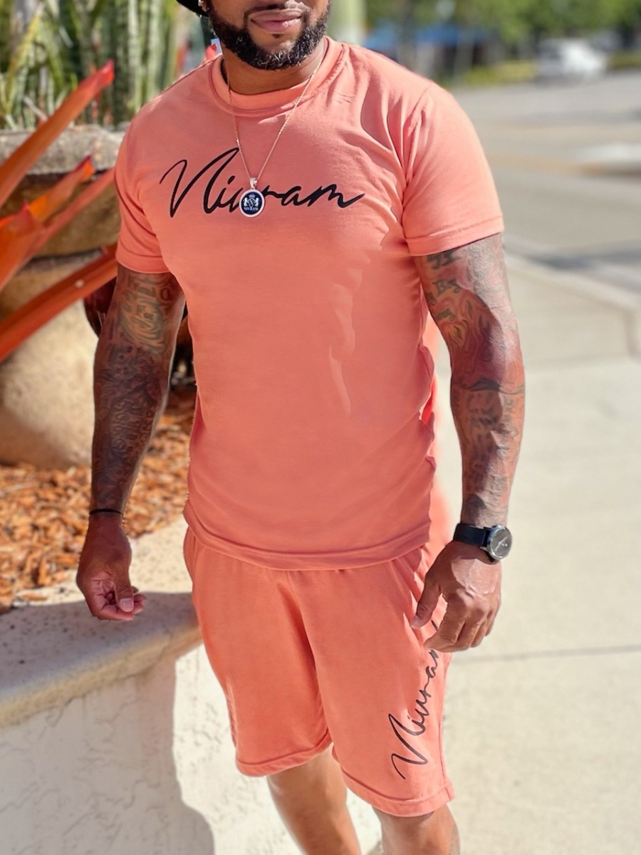 

Lovely Men Casual Letter Print Drawstring Pink Two Piece Shorts Set