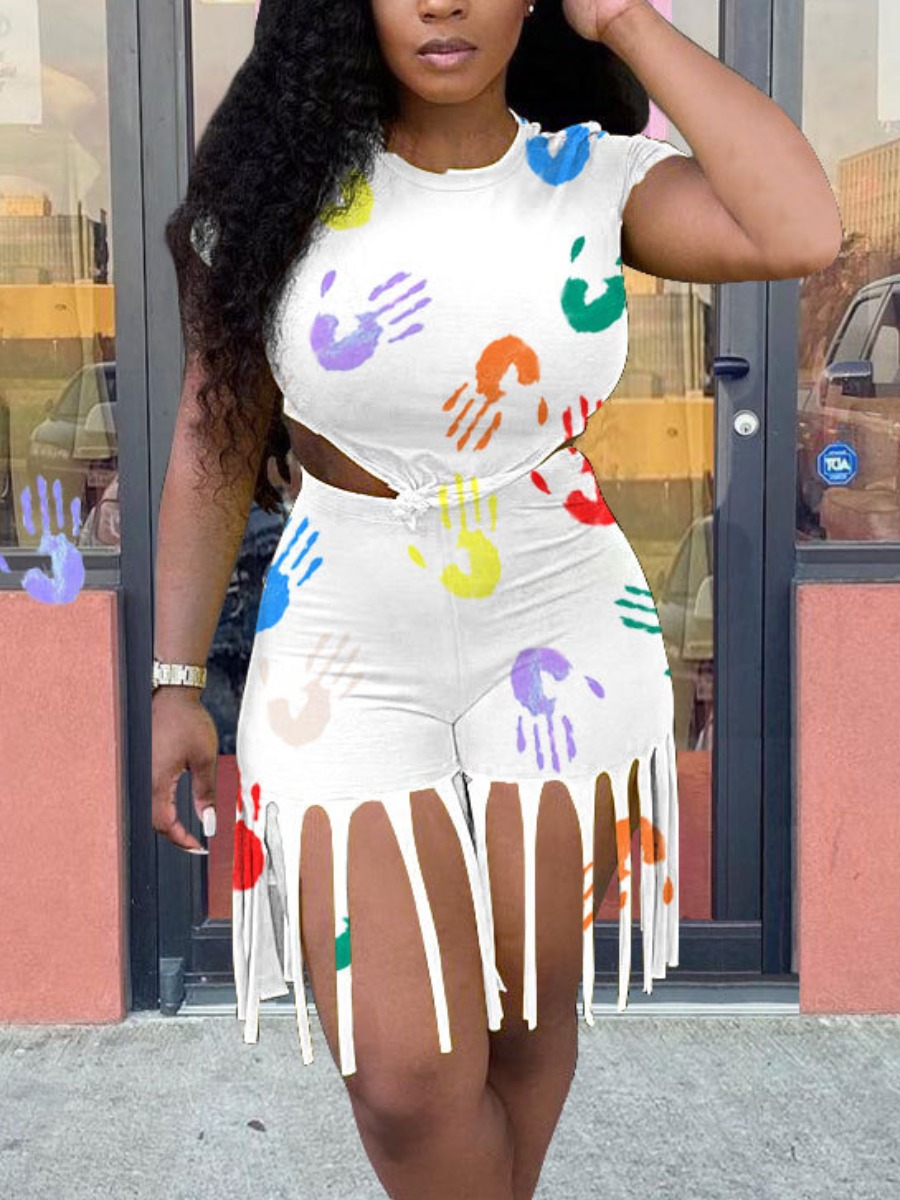 

Lovely Plus Size Street Palm Print Tassel Design White Two Piece Shorts Set