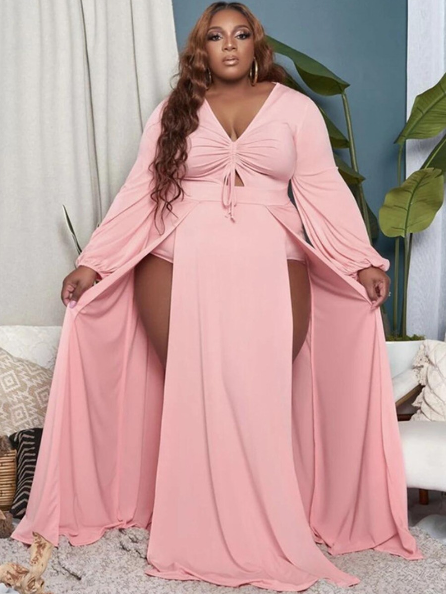Lovely Plus Size Boho V Neck Split Drawstring Dusty Pink Floor Length Dress