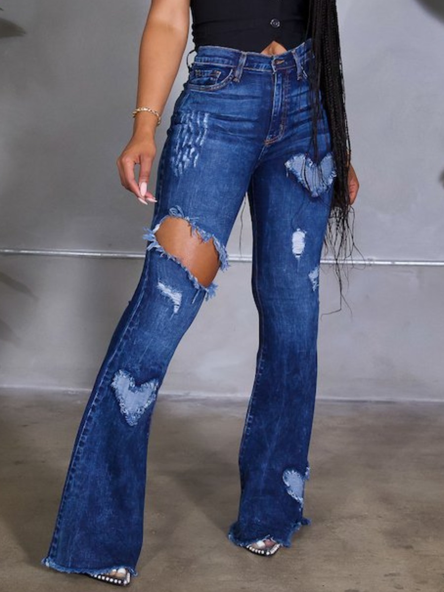 

Lovely Street Ripped Flared Deep Blue Jeans