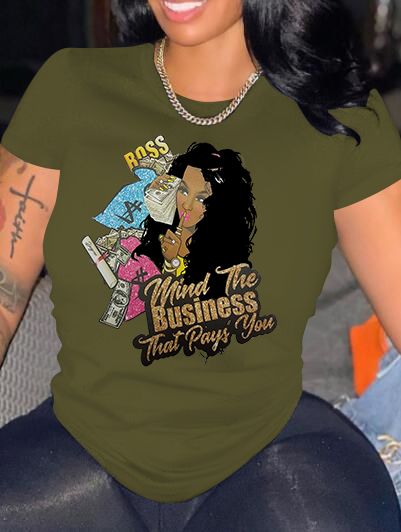 LW Casual Figure Letter Print Army Green T-shirt