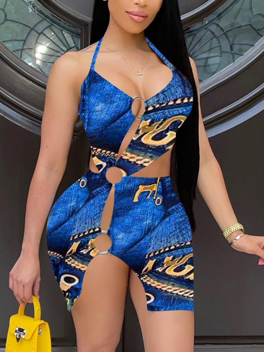 

Lovely Sexy Print Hollow-out Ring Detail Blue Mini Dress