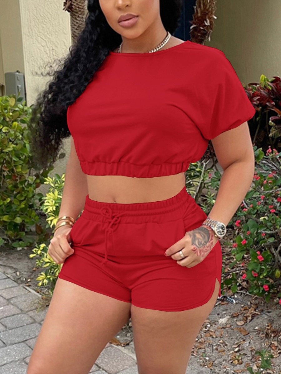

Lovely Casual Round Neck Drawstring Red Two Piece Shorts Set