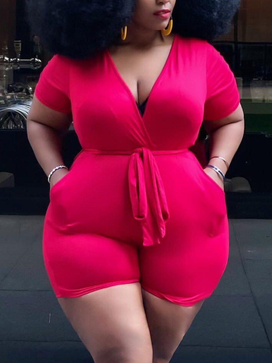 

Lovely Plus Size Casual Pocket Bandage Design Red One-piece Romper