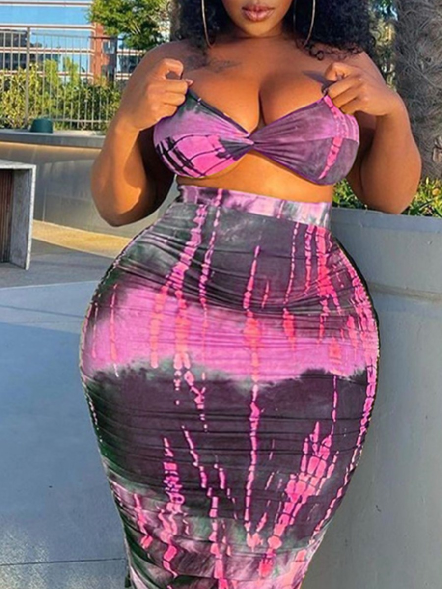 

Lovely Plus Size Casual Off The Shoulder Tie-dye Pink Two-piece Skirt Set