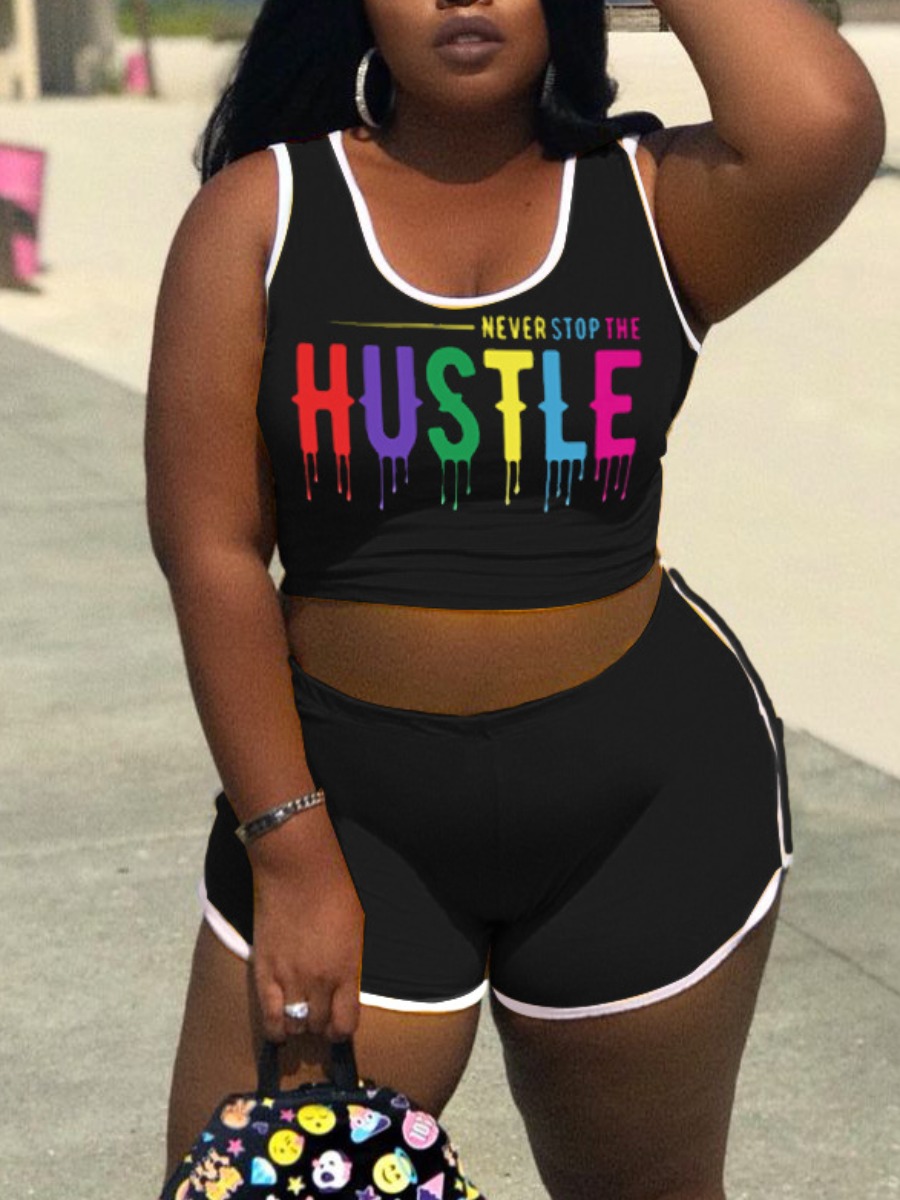 

Lovely Plus Size Sporty Letter Print Striped Black Two-piece Shorts Set