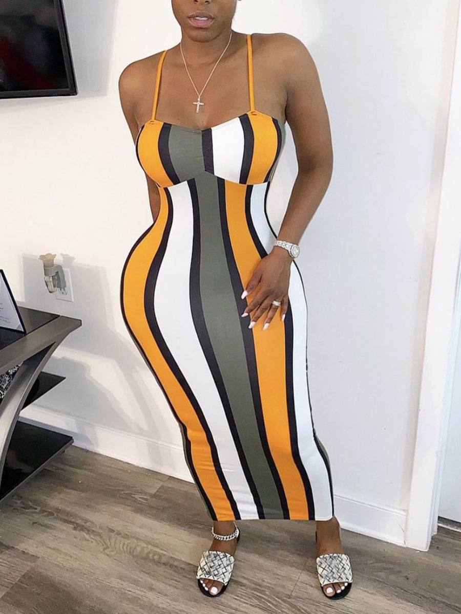 

Lovely Casual Striped Patchwork Yellow Ankle Length Dress