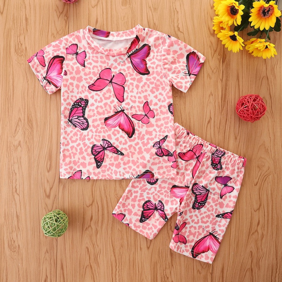 

LW Girl Sweet Butterfly Leopard Print Pink Two Piece Shorts Set