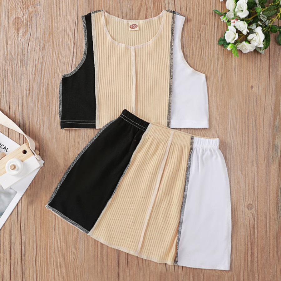 

Lovely Girl Casual Round Neck Patchwork Khaki Two Piece Skirt Set