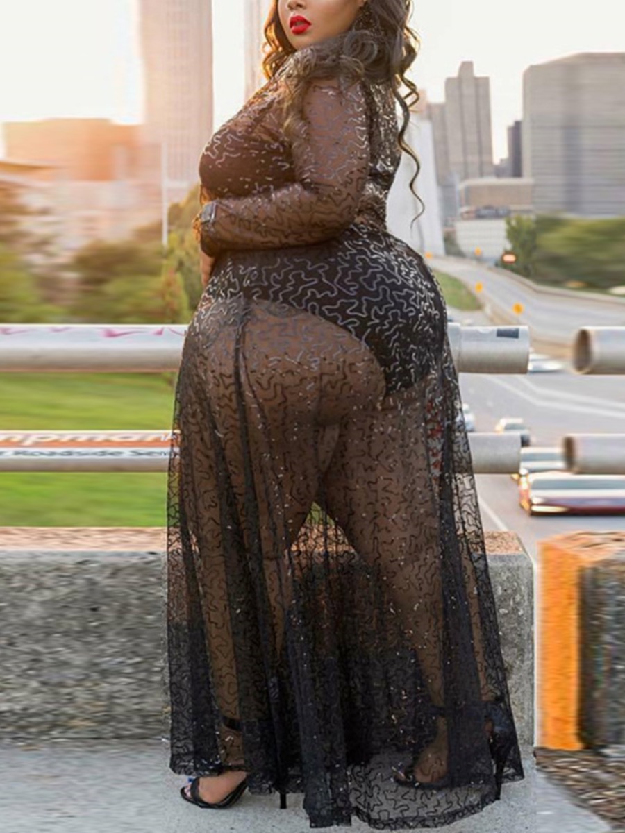

LW SXY Plus Size See-through Sequined Black Floor Length Dress