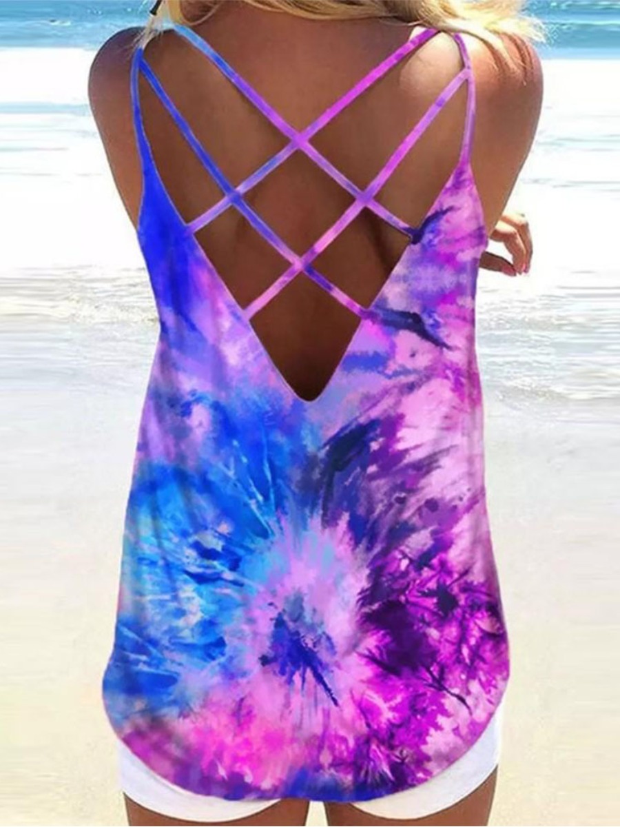 

Lovely Plus Size Casual Tie-dye Hollow-out Purple Camisole