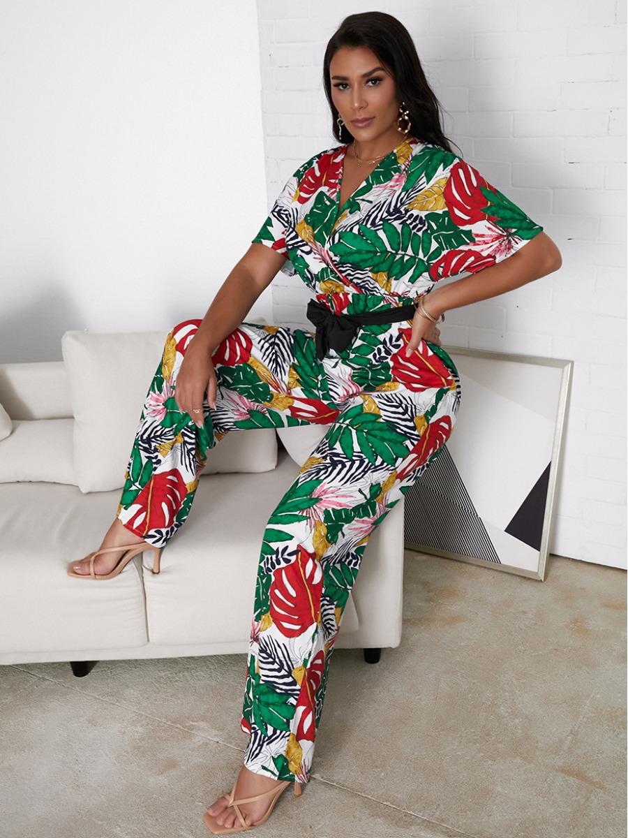 

Lovely Boho Floral Print Bandage Design Green Two Piece Pants Set