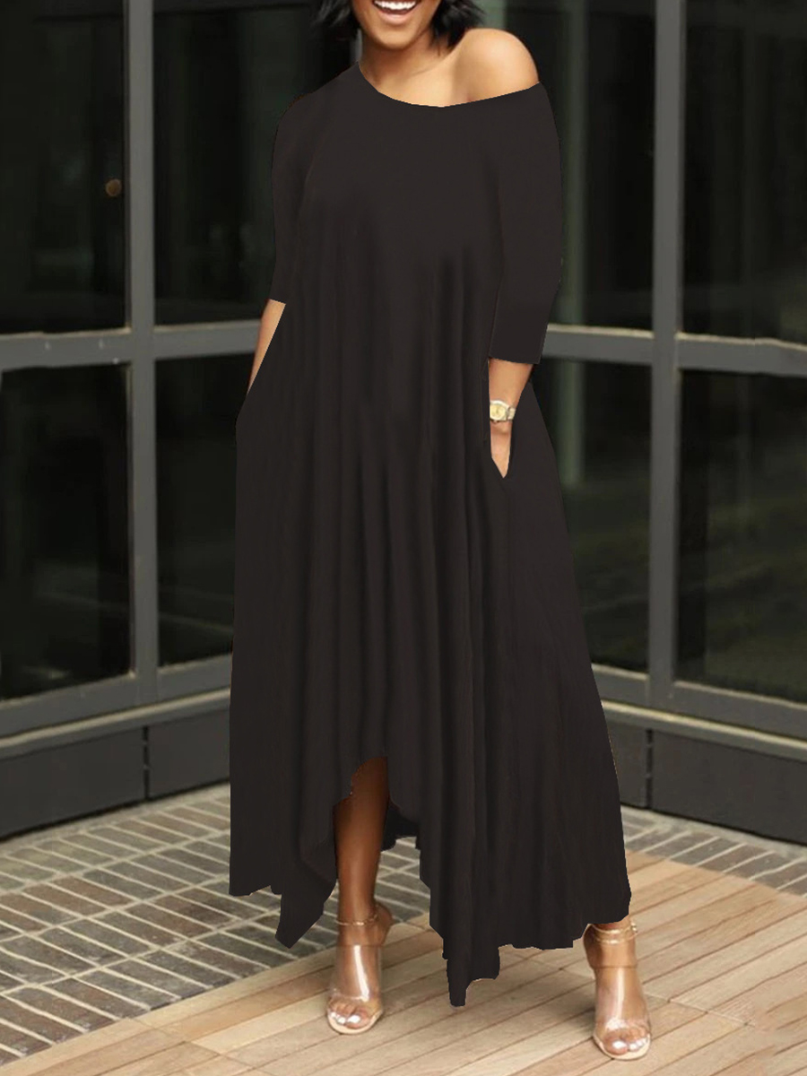 

LW Plus Size Casual Ruched Asymmetrical Black Ankle Length Dress