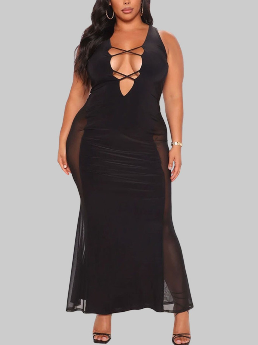 

Lovely Plus Size Sexy See-through Hollow-out Black Ankle Length Dress