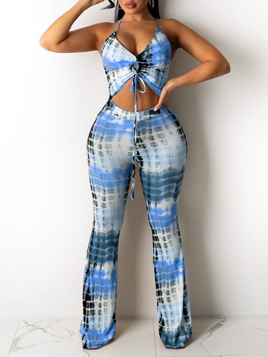 

Lovely Casual Tie-dye Drawstring Blue Two Piece Pants Set