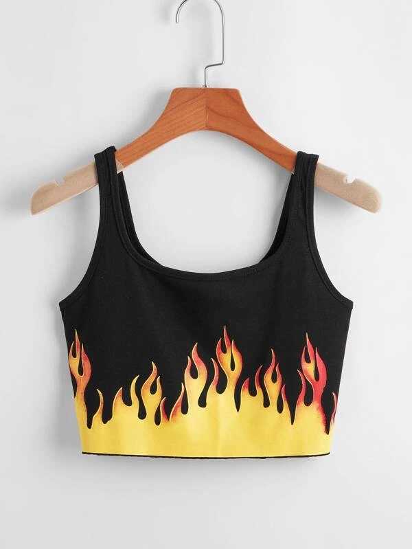 

Lovely Casual U Neck Flame Print Black Camisole
